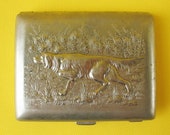 Vintage CIGARETTE CASE quot Hunting Dog quot Russian Pheasants, Partridges USSR Metal Collectable Tobacco box Soviet Cigar-case, Holder