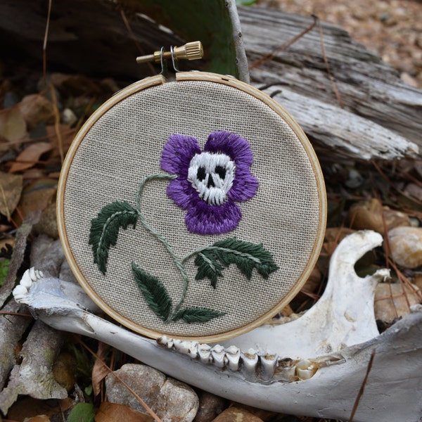 Violet Skull Flower embroidery hoop folk horror art gothic outsider witchcraft occult tree crewel embroidery needlepoint