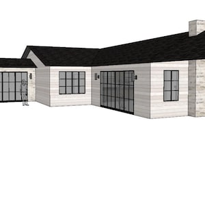 May include: Architectural rendering of a modern, single-story house with a white exterior and a black roof. The house features multiple windows with black frames, a covered porch supported by pillars, and a chimney. The design is minimalist and contemporary.