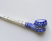 Vintage porcelain smoking pipe hand paint sterling silver horn