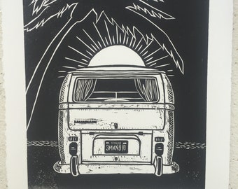 Bay Window Bus Woodblock Print