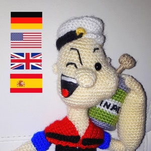 PDF crochet pattern Popeye amigurumi English - German - Spanish