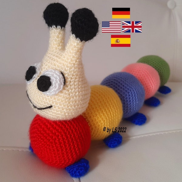 PDF Crochet Pattern Caterpillar Rudi Amigurumi English - German - Spanish