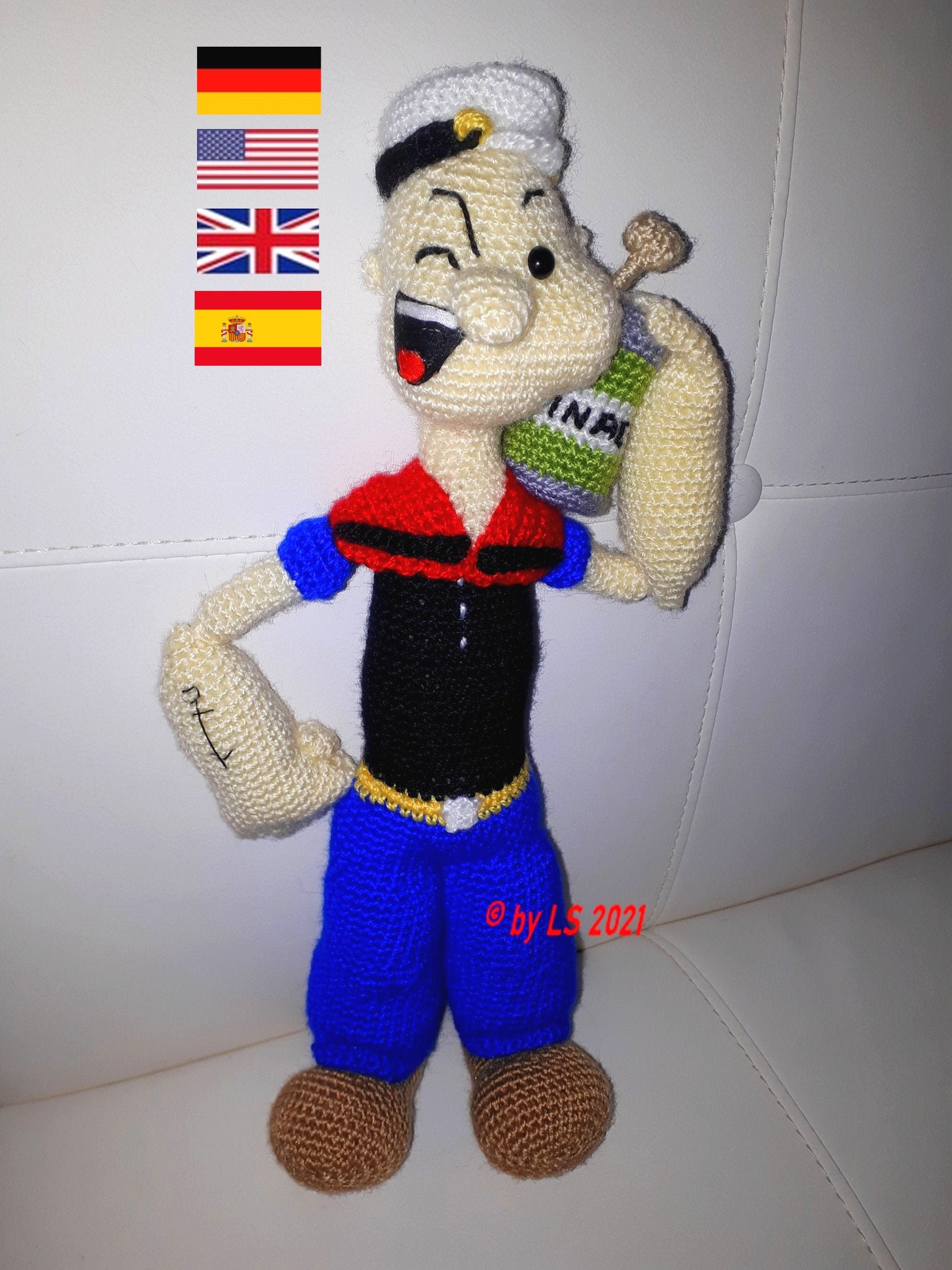 PDF crochet pattern Popeye amigurumi English - German - Spanish