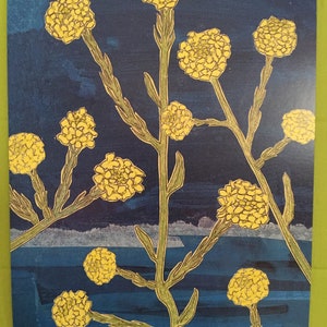 May include: A painting of a yellow flower with a blue background. The flower has many small yellow petals and is on a green stem. The background is a dark blue with hints of green and white.