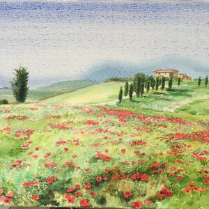 Acquerello originale_paesaggio toscano. Campo di papaveri_20cm x 35,5cm_7,87in x 13,97in