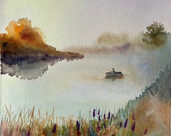 The fisherman_Original watercolor_At dawn_Morning fishing