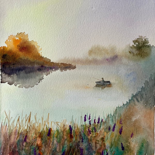 Le pêcheur_Aquarelle originale_À l’aube_Pêche matinale