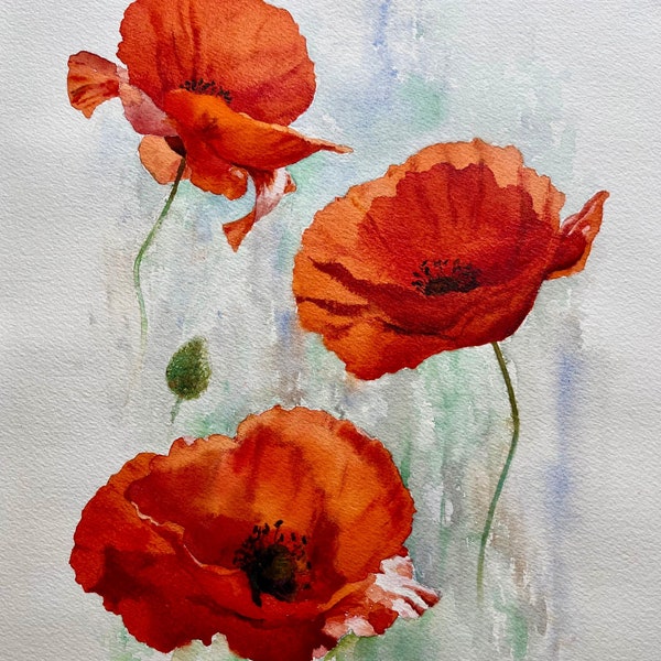 Les pavots_Aquarelle originale__Fleurs des champs_Les coquelicots