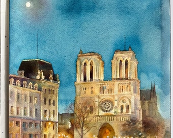 Paris. Notre-Dame Cathedral. Night walk. The Quai de la Seine_Aquarelle originale_Paris by night