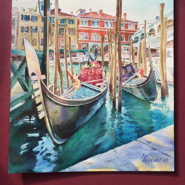 Aquarelle originale_Les gondoles. Rialto. Venise._9.1 in x 12.2 in_ 23cmx31 cm