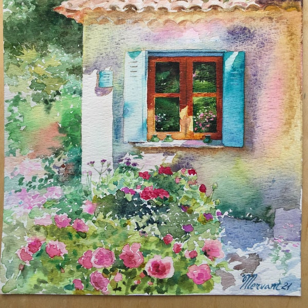 Aquarelle originale_Fenêtre sur jardin.