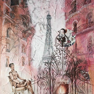 Paris romantique_Peinture original mix media_Peinture contemporary _Peinture acrylique_Original_Collage_30cm x 24cm_11.8 in X 9.4 in.