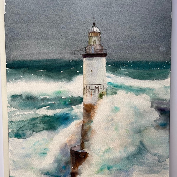 Phare d’Ar-Men_Bretagne_Tempête _France_Peinture_Aquarelle originale