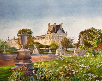 Watercolor originale_Paris. Tuileries Garden in the last rays of the sun. Louvre Museum.