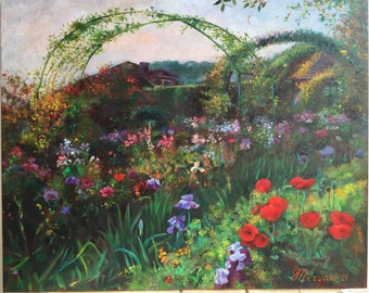 Peinture originale_Peinture à l'huile_Jardin et maison de Claude Monet à Giverny_24cm x 30cm