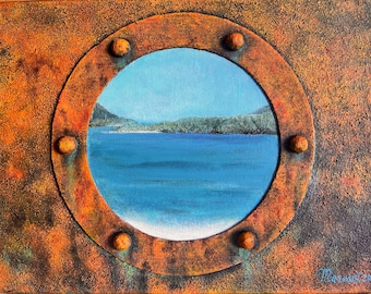 View through the porthole_Original painting_Acrylic painting_OOAK_Loft_Industrial_Contemporary_Abstract landscape