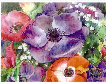 Postcard "anémones". Reproduction of original watercolor.