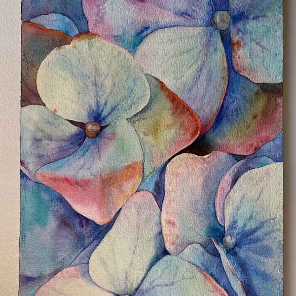 Hortensia. Jardin onirique_Aquarelle originale unique_Peinture florale_Fleurs du jardin_Fleurs mauves