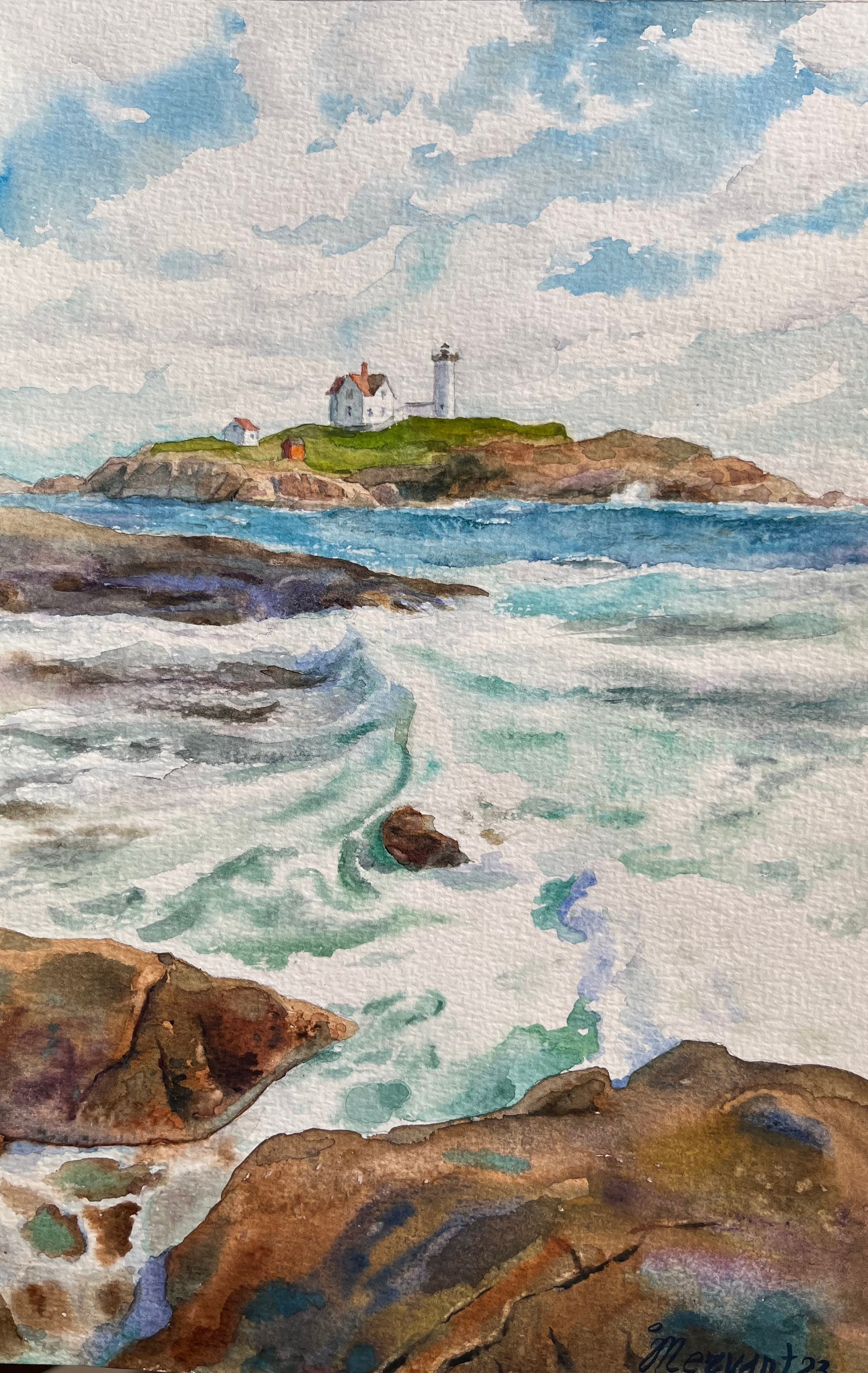 油彩画 灯台と海岸の風景 中サイズ　潮岬　西糸作　QW4652 ナブル灯台_ネディック岬灯台_オリジナルの水彩画_水彩アート