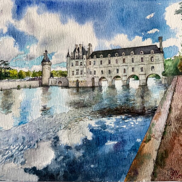 The castle of Chenonceau in counter-jour_Aquarelle originale_ the castles of the Loire_France