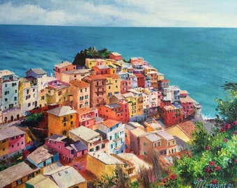 Manarola e le sue case colorate, borgo di pescatori; Dipinto originale; Pittura a olio
