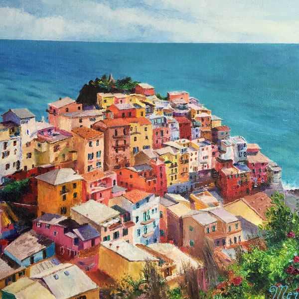 Manarola et ses maisons colorées, village de pêcheurs; Peinture originale; Peinture à l'huile