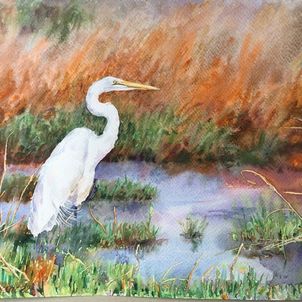 Great egret. Botswana_ Grande aigrette_Aquarelle originale