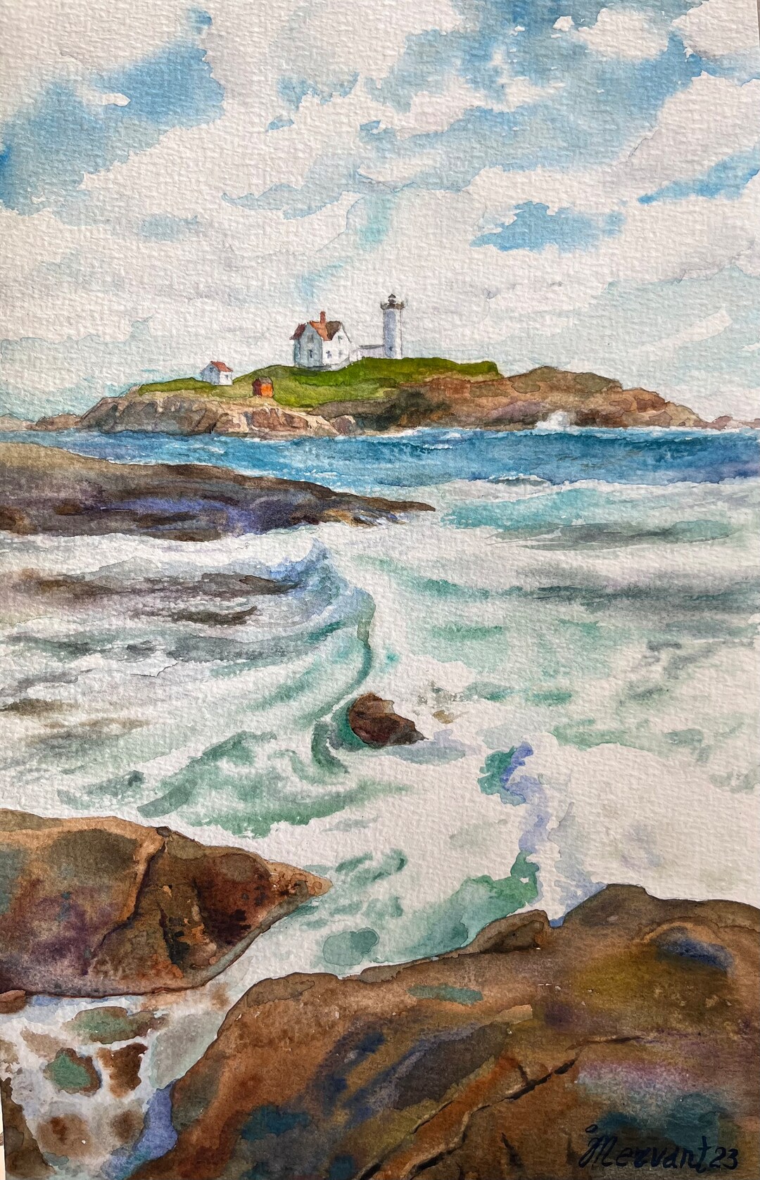 ナブル灯台_ネディック岬灯台_オリジナルの水彩画_水彩アート