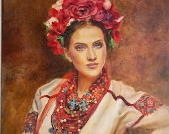 Ukrainian_Original painting_Oil painting_Portrait_Ukrainian woman in traditional dress_Flower wreath