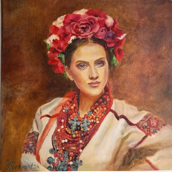 Ukrainienne_Peinture originale_Peinture à l’huile_Portrait_Femme ukrainienne en tenue traditionnelle_Couronne de fleurs