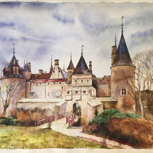 Acquerello originale_Le Castello di Bourgogne_Burgundy_Vieux castello médiéval_Château di La Rochepot_31x44 cm_12,2x17,3 in