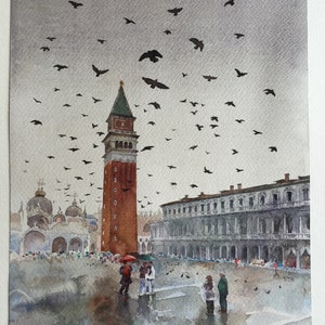 L'acquerello originale_Venise sotto la pioggia. I piccioni di Piazza San Marc_St Marco.