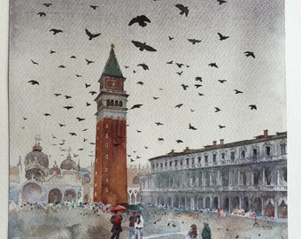 Aquarelle originale_Venise sous la pluie. Les pigeons de la place Saint-Marc_St Mark's Square.