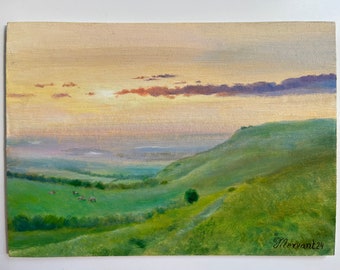 Peaceful morning_5”x7”_Original painting_Oil painting_Unique_Landscape with cows_Pastures_Collectible painting