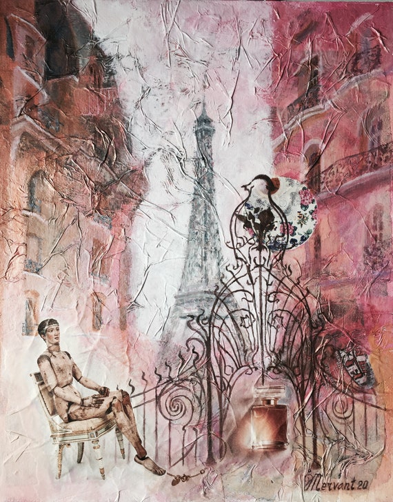 Paris romantique_Peinture originale mix media_Peinture contemporaine _Peinture acrylique_Original_Collage_30cm x 24cm_11.8 in X 9.4 in.
