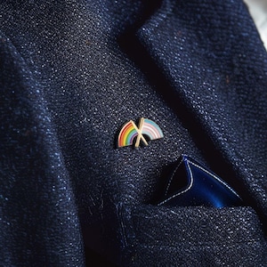 May include: A navy blue blazer with a rainbow pin and a blue pocket square.