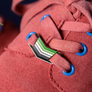 May include: A pair of red suede shoes with blue shoelaces and a green, black and white arrow-shaped pin on the laces.