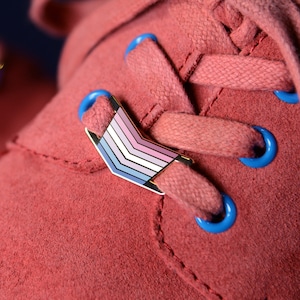 以下が含まれることがあります： 赤いスエードの靴のアップ。青い靴ひもが結ばれています。右の靴には、トランスジェンダーのプライドフラッグのデザインが施された金のピンが付いています。