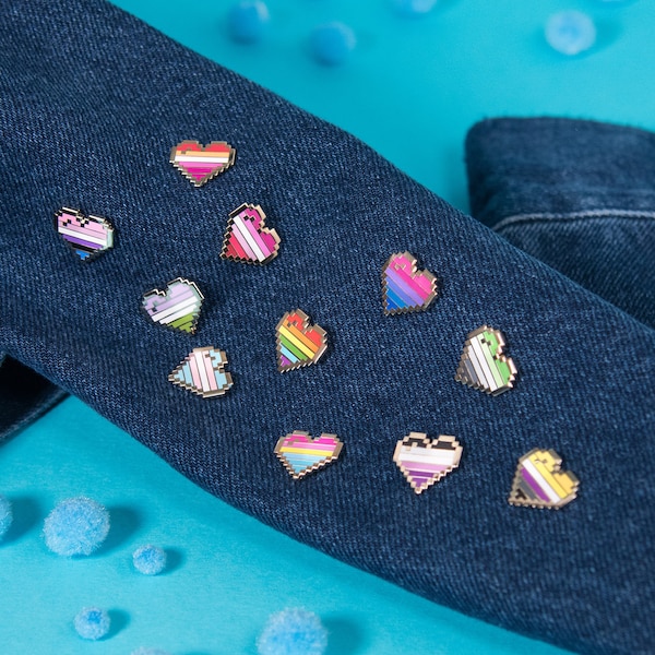 Pixel LGBT Pride Heart Pins — Subtle Gay Rainbow Flag Badge Gaymer Personalised Valentines Gift Present Queer Card Sticker Bi Lesbian Love