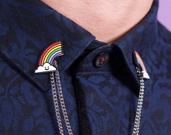 Épingles enchaînées nuage arc-en-ciel — clips de col, accessoire de fierté LGBT, embouts de revers, badge de cravate, badge émaillé kawaii, gay, bisexuel, trans homosexuel