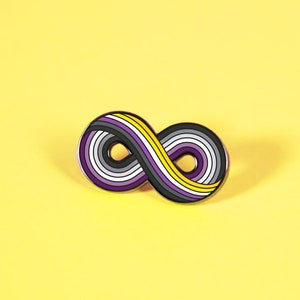 May include: A yellow, white, and purple infinity symbol pin. The pin is on a yellow background.