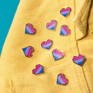 Bisexual Pixel Heart Pin — Subtle Bi Pride Flag Accessory Gift Queer LGBT Sticker Love Earrings Ring Bracelet Enamel Badge Card Art Necklace