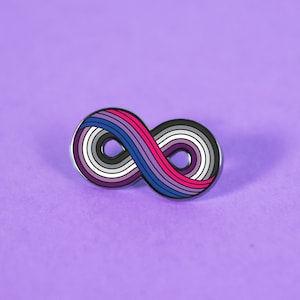 May include: A silver infinity symbol pin with a multi-colored stripe design. The stripes are in the colors of the bisexual pride flag: pink, purple, blue, and white.