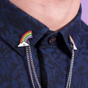 Rainbow Cloud Chained Pins — Collar Clips LGBT Pride Accessory Lapel Tips Tie Bar Badge Anime Kawaii Gay Lesbian Bisexual Trans Queer Enamel