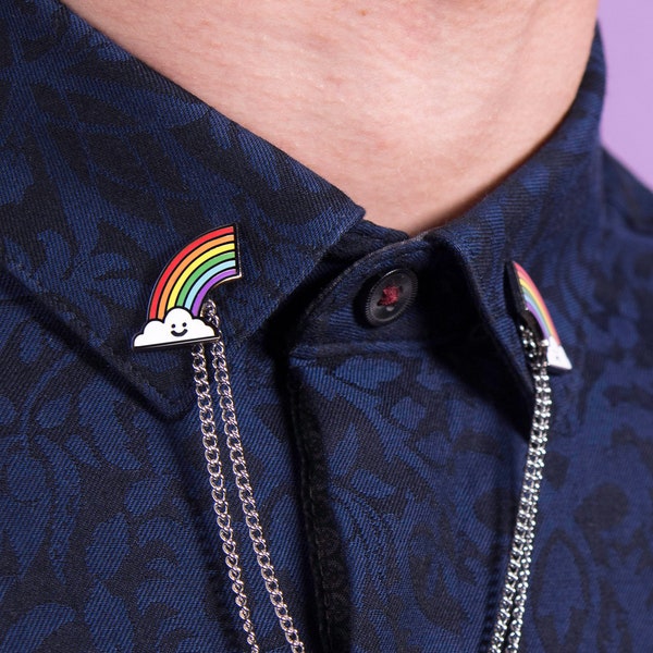 Rainbow Cloud Chained Pins — Collar Clips LGBT Pride Accessory Lapel Tips Bar Tie Badge Kawaii Gay Lesbian Bisexual Trans Queer Enamel Badge