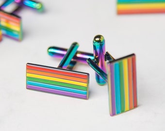 Iridescent Rainbow Pride Cufflinks — LGBT Gay Pride Wedding Gift Groom Groomsmen Cuff Links Valentines Jewellery Queer Present Bowtie Suit