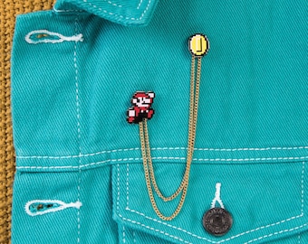 Pixel Mario Chained Enamel Pins — Gamer Design Accessory Geeky Sticker Kawaii Nerdy Retro Video Game Gameboy Earring Arcade Joystick Badge