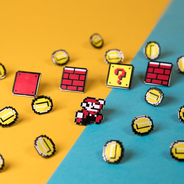 Pixel Mario Enamel Pins — Gamer Design Gold-Plated Kart Bowser Luigi Retro Video Yoshi Charm Card Style Gameboy Arcade Plush Badge Necklace