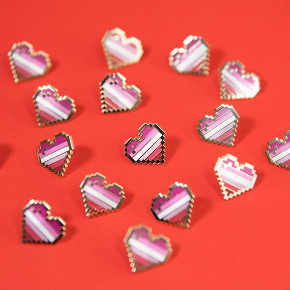 Lesbian Pixel Pride Heart Pins